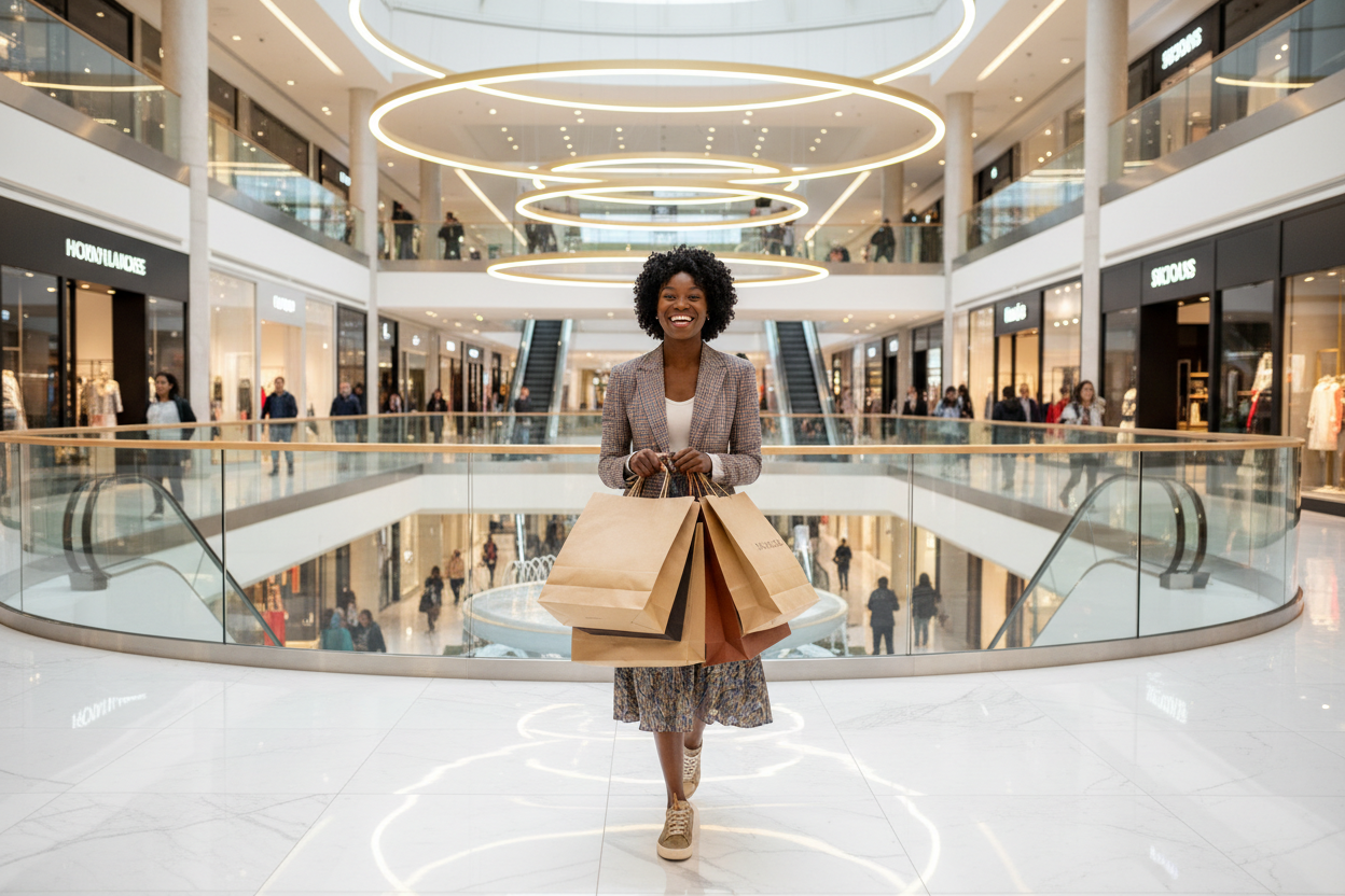 Black woman shopping in mall with shopping bags